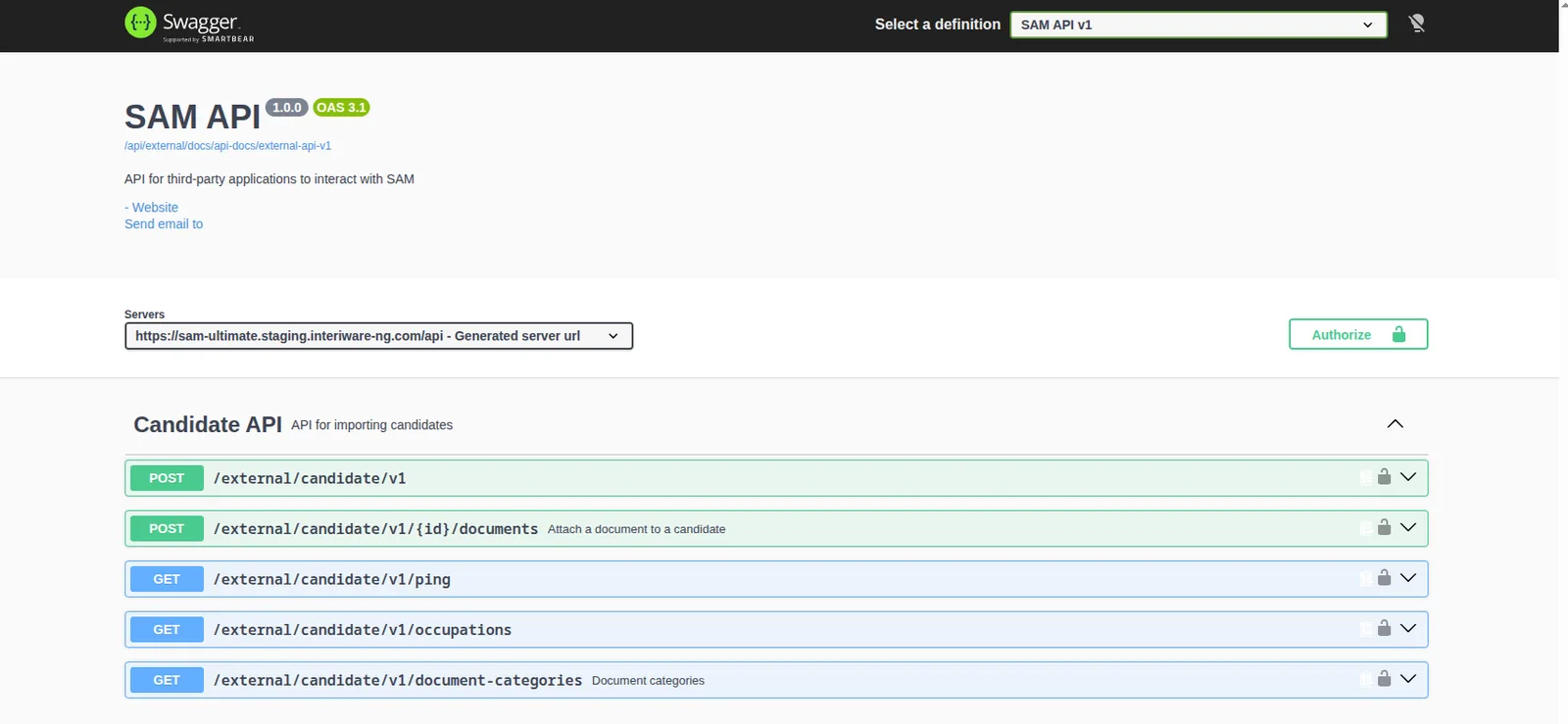 Interface Swagger de l'API Candidats SAM ULTIMATE : les cinq endpoints d'import de candidats